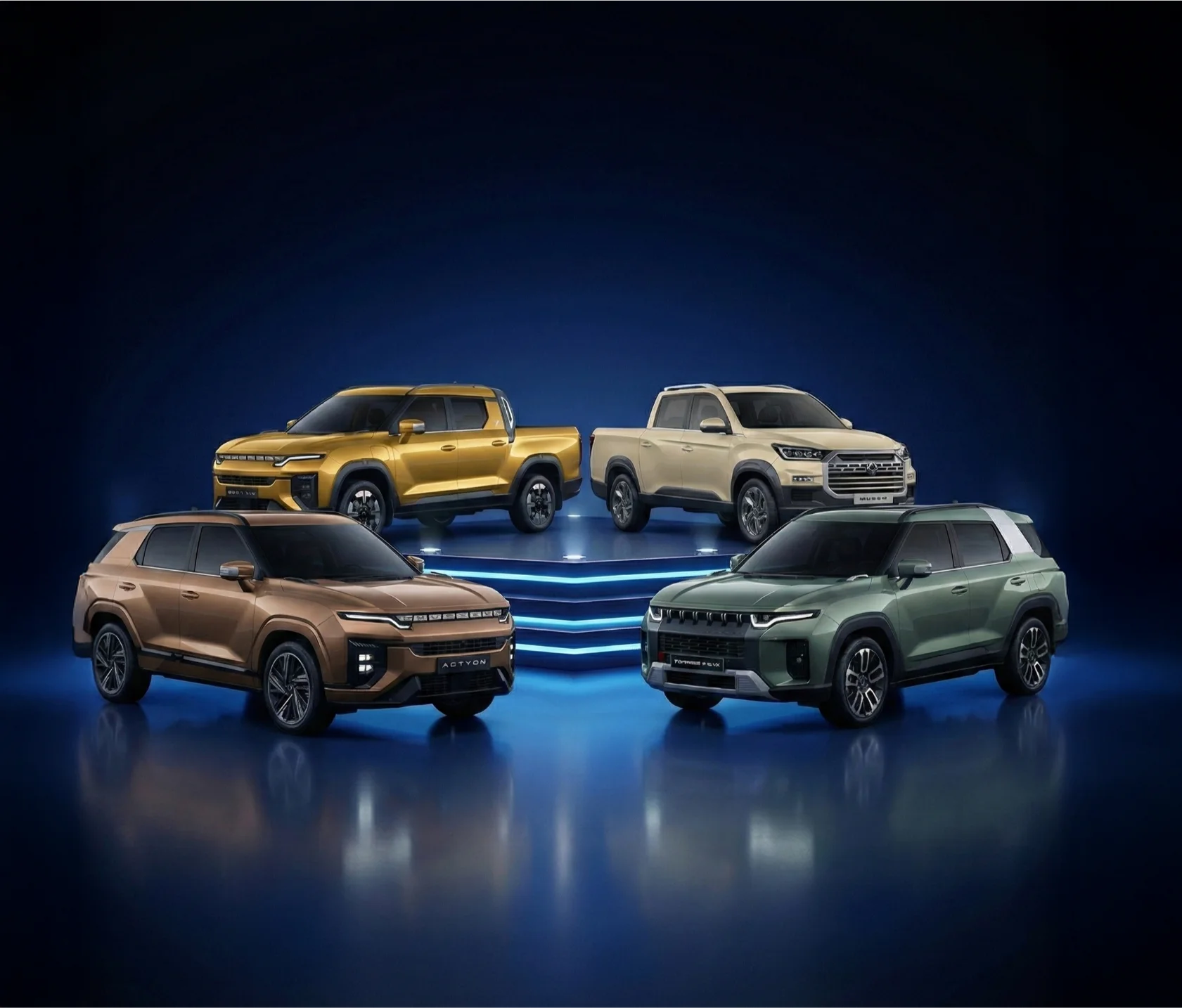 KGM (Ssangyong) Marka Musso EV, Musso Grand, Actyon, Torres araçların showroom görüntüsü